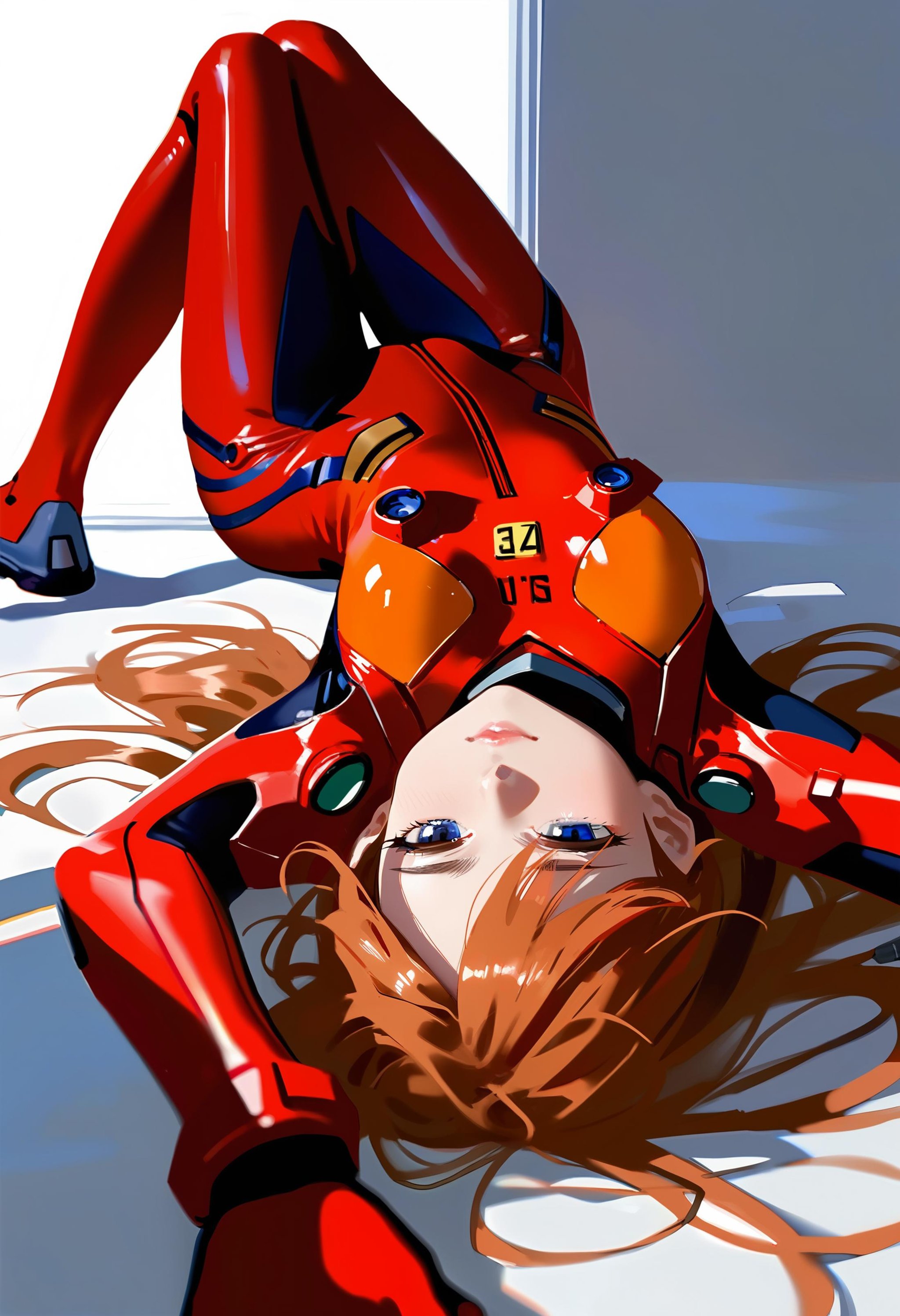 solid white ground, 1 souryuu asuka langley, perspective, upside-down, reaching towards viewer, open hand, red pilot suit, red plugsuit, red bodysuit, lying, on back, long hair, messy hair, blank stare, lips, upper body, feet out of frame, half-closed eyes, amazing quality, sunshine, beautiful color, (by baihuahua|by trickortreat|by as109|by wlop|by shiroski)