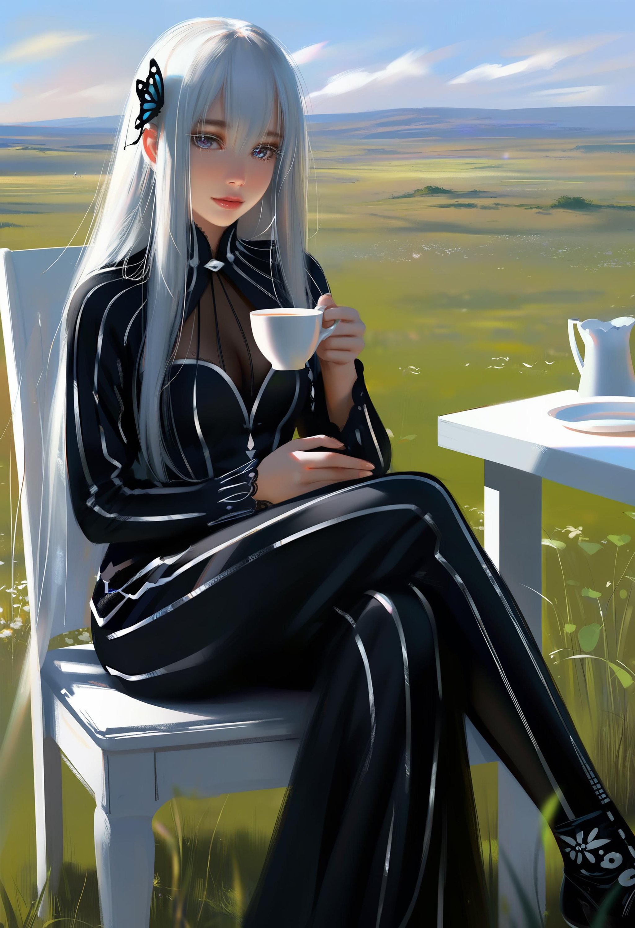 amazing quality, realistic style, by wlop, 1 echidna \(re:zero\), delicate eyes, face to viewer, looking at viewer, sitting, crossed legs, white desk, sitting on chair, white chair, holding cup, black long dress, tea, sky, grassland, day, dreamy