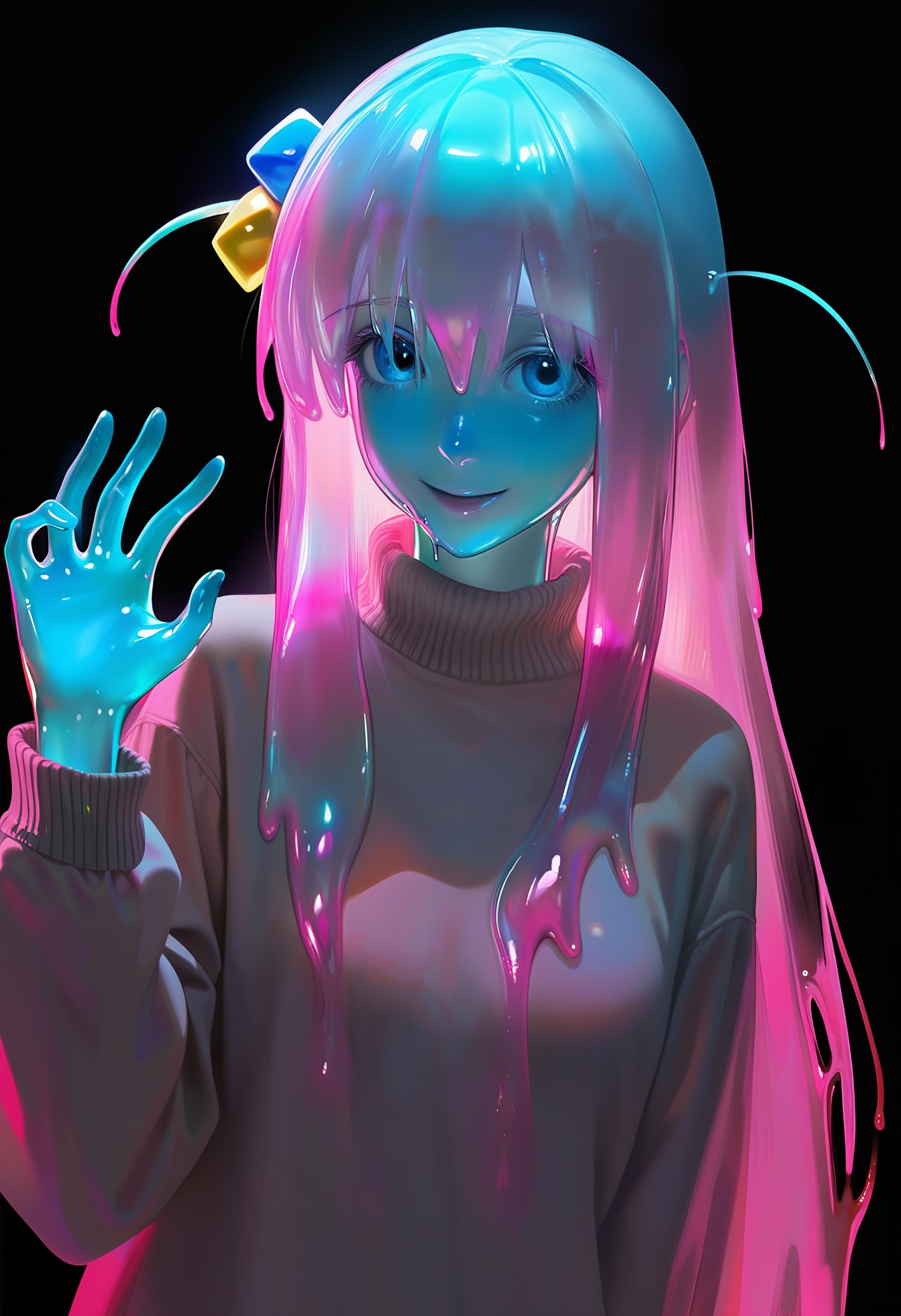 realistic style, impasto style, high contrast, 1girl, slime girl, 1 goutou hitori, slime skin, sweater, transparent skin, solo, standing, upper body, smile, hand up, open hand, black background, beautiful color, amazing quality