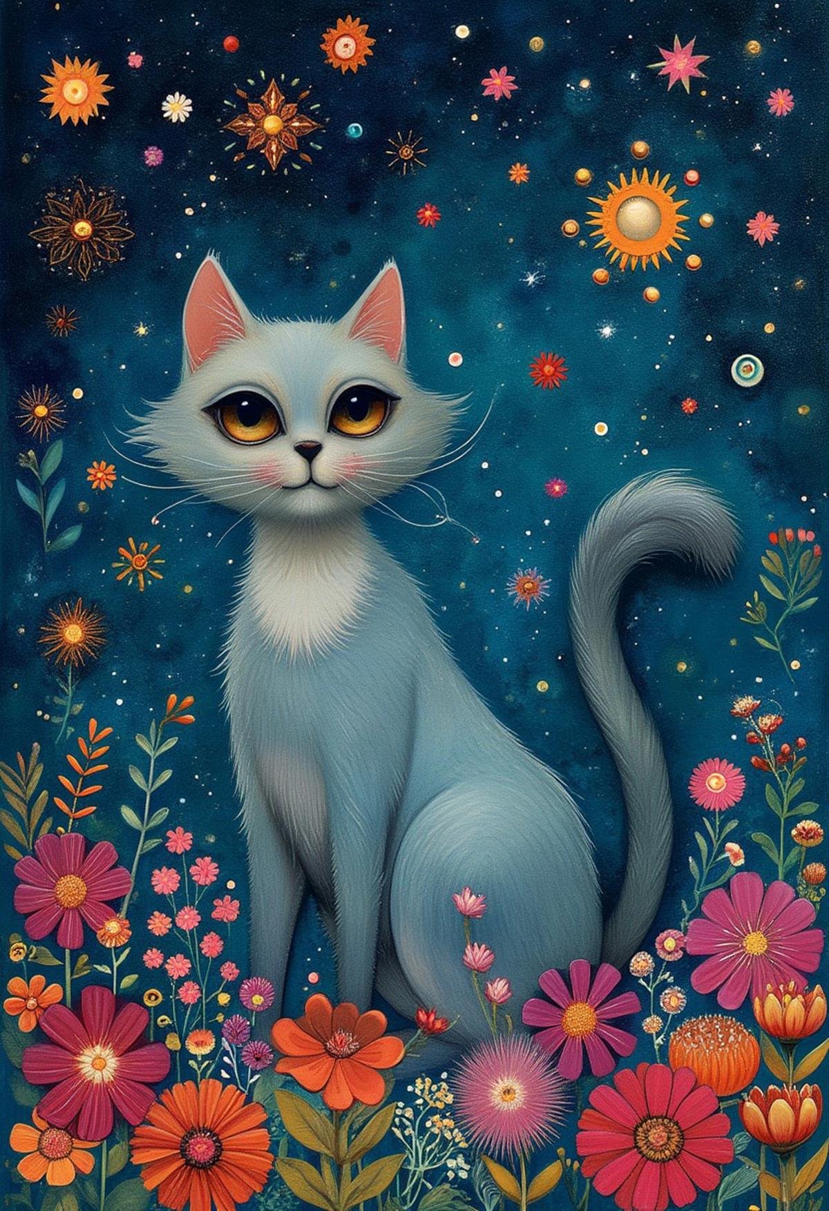 style of Jeremiah Ketner,cat,star,flowers,illustration