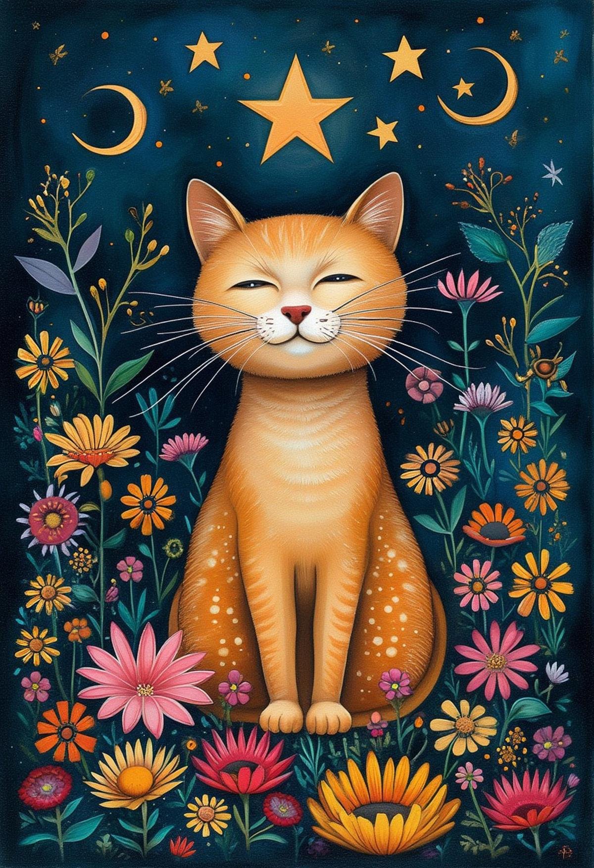 style of Jeremiah Ketner,cat,star,flowers,illustration