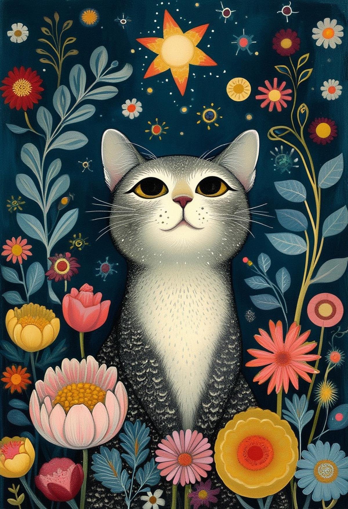 style of Jeremiah Ketner,cat,star,flowers,illustration