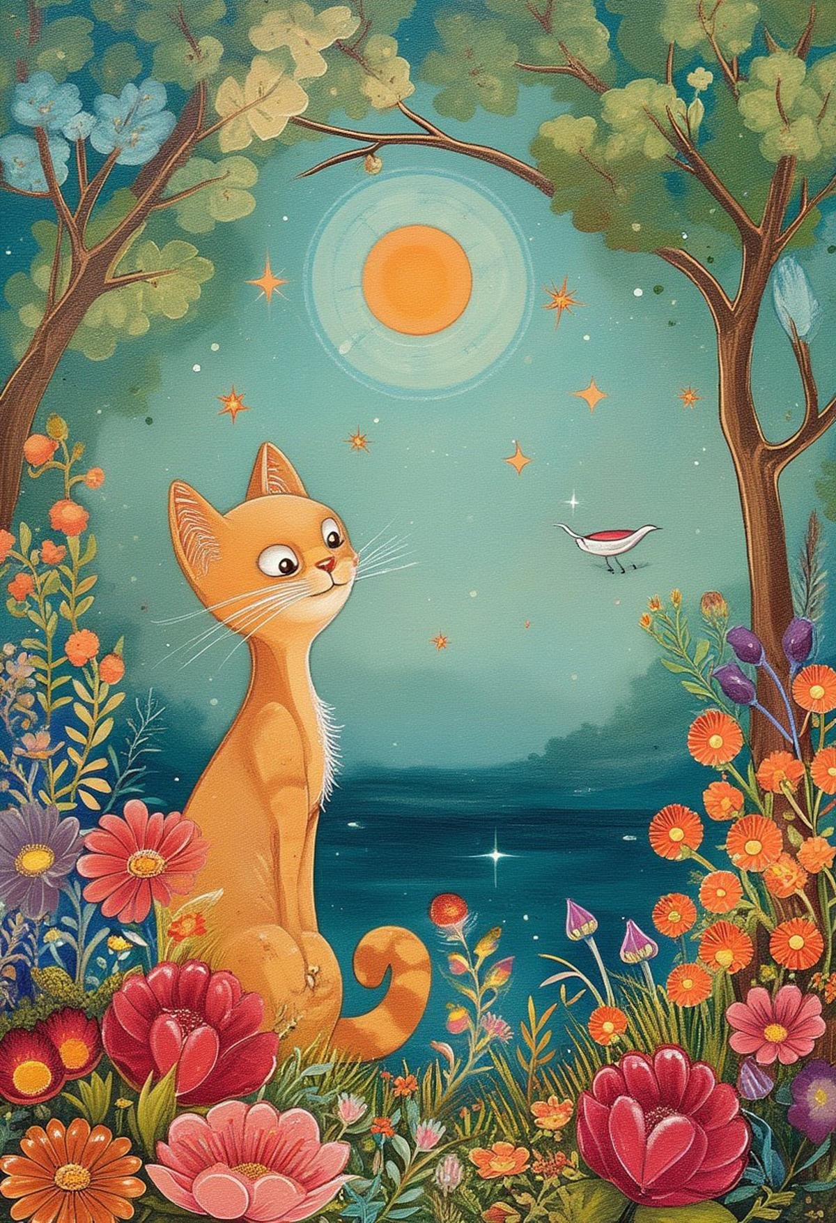 style of Jeremiah Ketner,cat,star,flowers,illustration