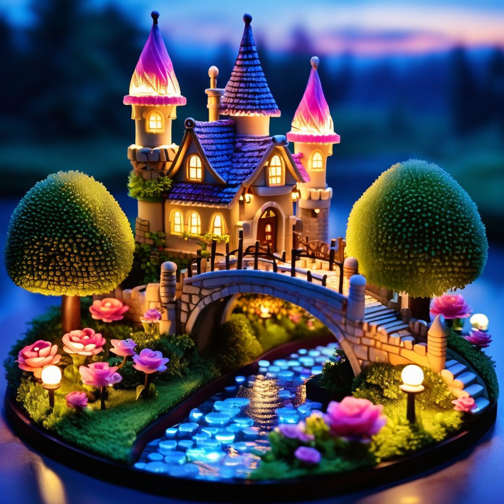 charming miniature fairytale castle, surrounded by a tiny moat, with delicate bridges and lush gardens. Rich, vibrant colors with soft, glowing light. Background with a distant forest and a twilight sky. Details include tiny turrets, intricate stonework, and tiny flower beds.