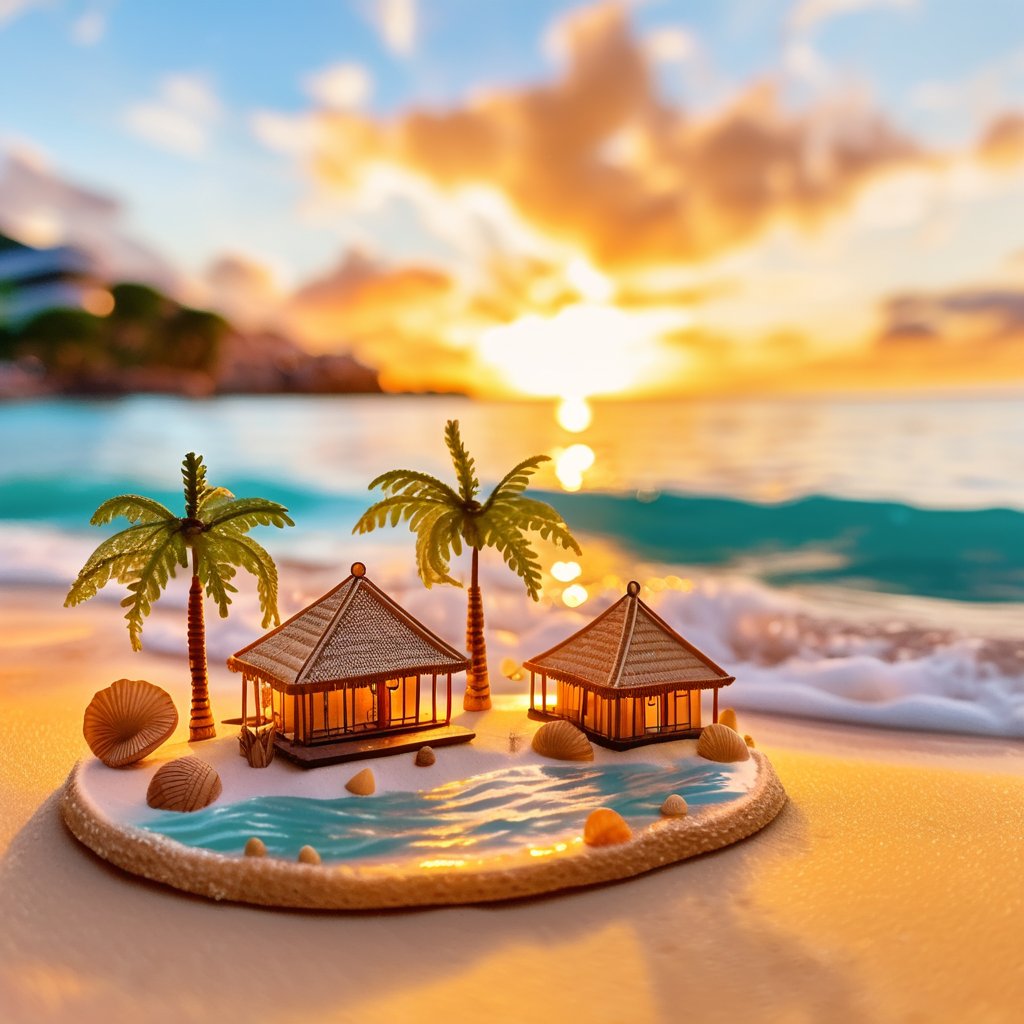 A serene miniature beach world, with small waves lapping against the shore, tiny beach huts, and palm trees swaying gently. Warm, sandy tones with a golden sunset. Background with soft clouds and distant mountains, enhancing the small scale. Details include tiny seashells, intricate sand patterns, and delicate waves.