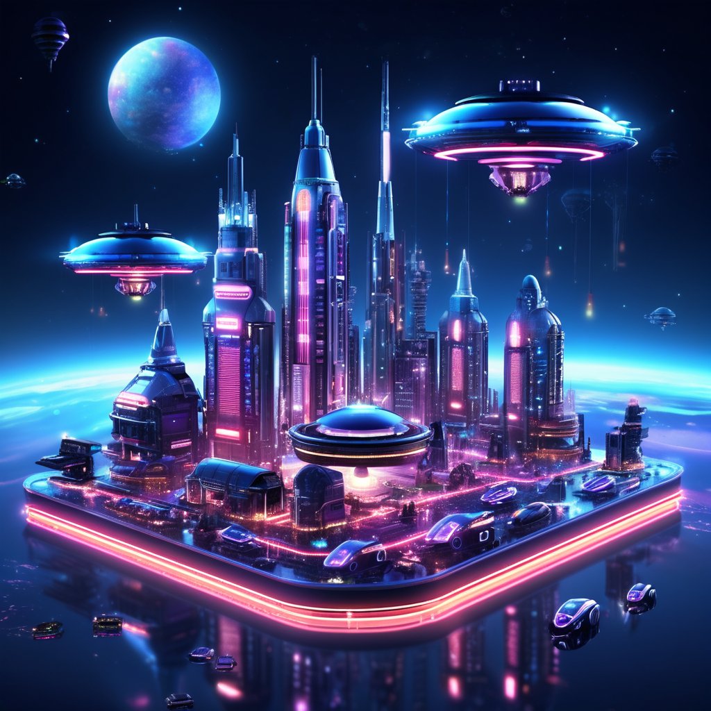 futuristic miniature sci-fi city, with tiny flying cars, neon lights, and towering structures. Sleek, metallic tones with glowing holograms. Background with a vast, dark sky and distant planets. Details include tiny robotic figures, intricate circuit patterns, and futuristic textures.