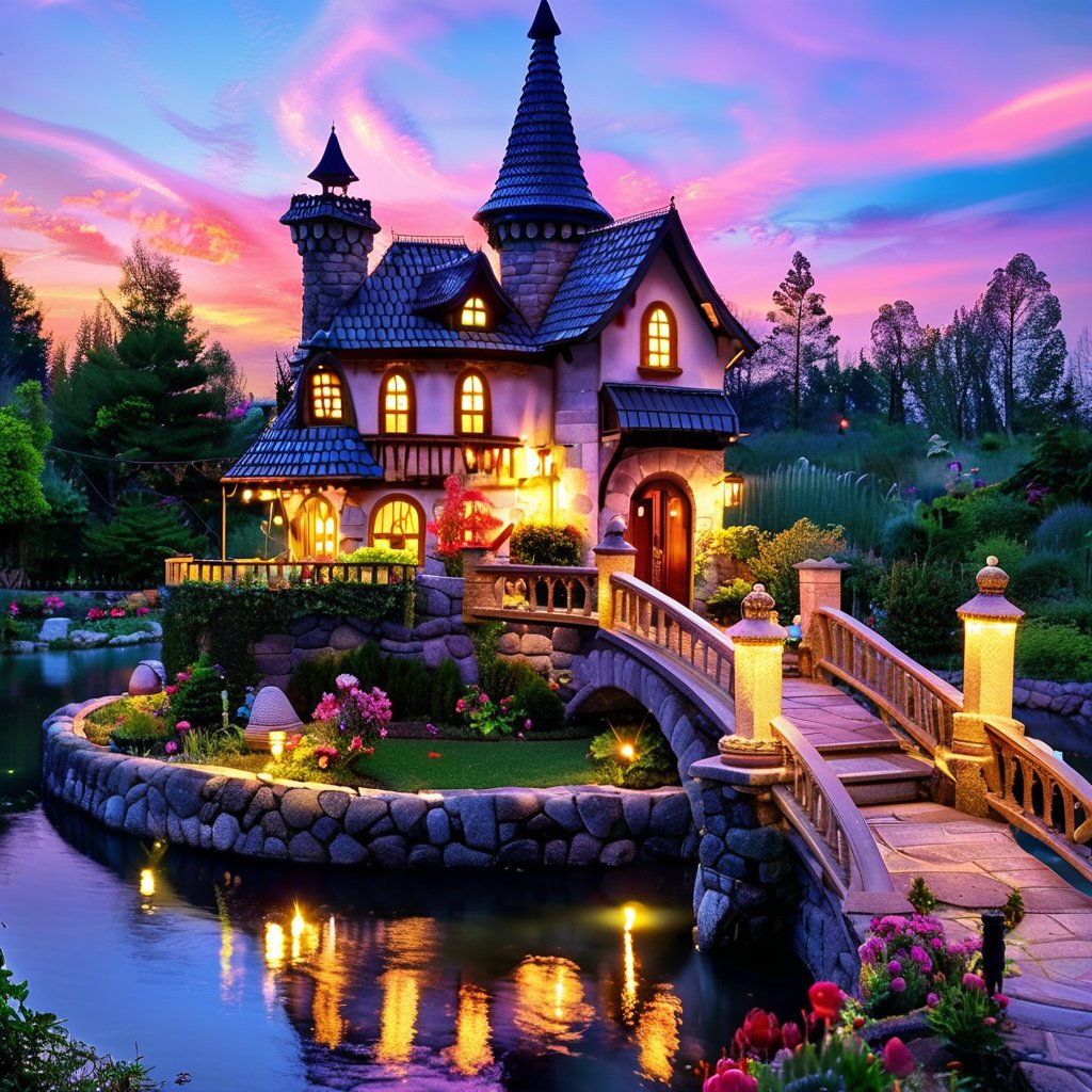 charming miniature fairytale castle, surrounded by a tiny moat, with delicate bridges and lush gardens. Rich, vibrant colors with soft, glowing light. Background with a distant forest and a twilight sky. Details include tiny turrets, intricate stonework, and tiny flower beds.