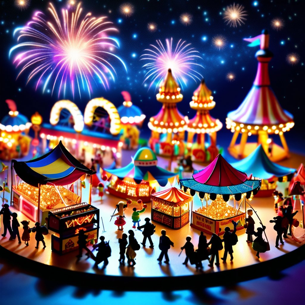 vibrant miniature carnival, with tiny Ferris wheels, colorful tents, and bustling crowds. Bright, joyful colors with festive lighting. Background with distant fireworks and a starry night sky. Details include tiny performers, intricate ride designs, and detailed food stalls.