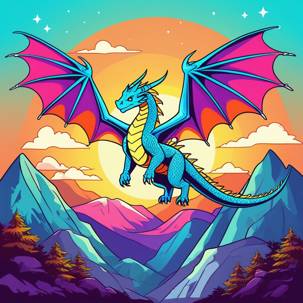 A detailed vector art of a fantasy dragon, scales with intricate patterns, wings spread wide, in mid-flight. Background with a mystical mountain landscape. Rich colors, precise shading, dynamic lighting, smooth vector gradients, fantasy art style, fine line details.