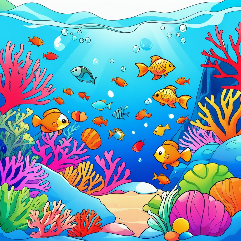 A playful vector art of an underwater scene, colorful fish, coral reefs, and marine life. Background with soft blue gradients. Fluid lines, vibrant colors, smooth shapes, layered vector elements, cartoon style, dynamic movement, oceanic textures.