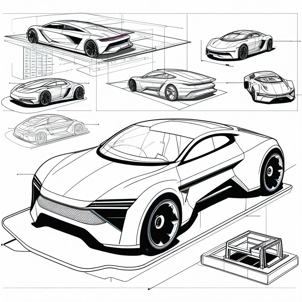 A futuristic blueprint-style illustration, sleek vehicle design with mechanical details, labeled parts, and dimensions. Background with a clean, technical grid. Monochrome color scheme, precise line work, technical drawing tools, vector clarity, industrial design influence.