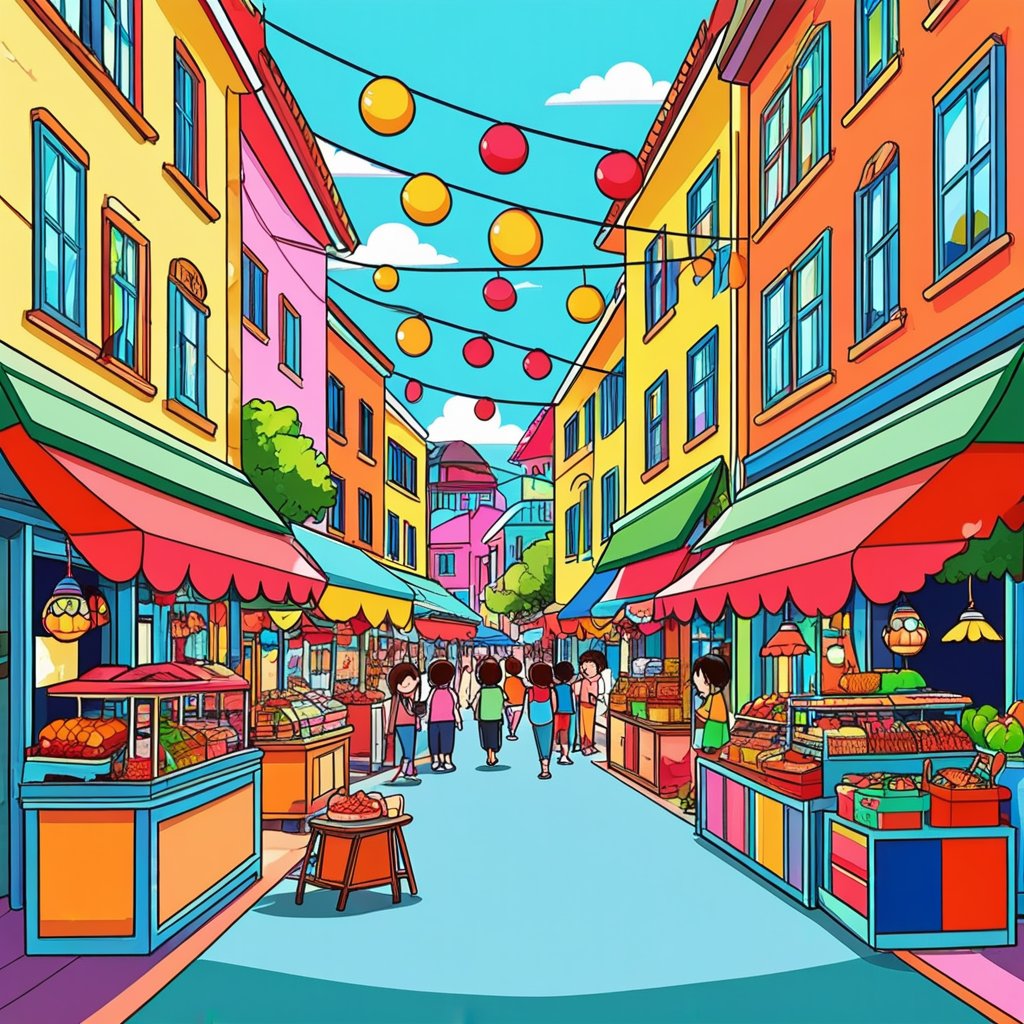 A whimsical illustration of a bustling market street, cartoonish characters, and lively activities. Background with vibrant stalls and hanging decorations. Bright colors, playful lines, hand-drawn aesthetics, vector brushwork, detailed environment, joyful atmosphere.