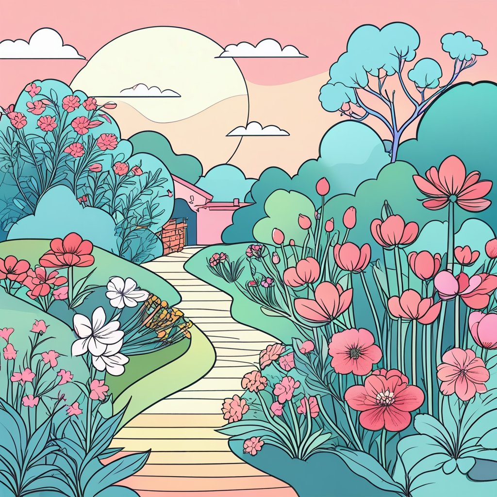 An intricate SVG illustration of a botanical garden, detailed flowers, and plants, line art with varying thickness. Background with subtle shading. Soft pastel colors, natural gradients, smooth curves, digital pen tools, vector precision, organic flow.