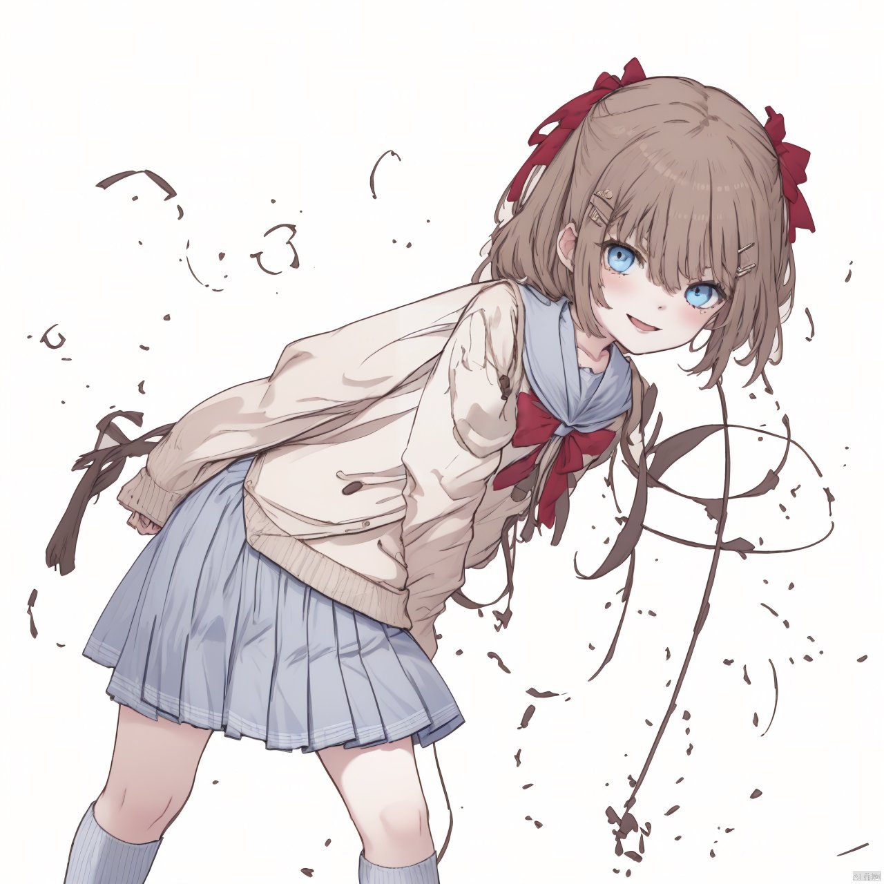 1girl, solo, long hair, looking at viewer, blush, smile, open mouth, bangs, blue eyes, skirt, simple background, brown hair, shirt, hair ornament, long sleeves, white background, bow, school uniform, white shirt, ahoge, hair bow, pleated skirt, open clothes, shoes, serafuku, socks, hairclip, virtual youtuber, bowtie, sailor collar, red bow, blue skirt, sleeves past wrists, buttons, blue bow,