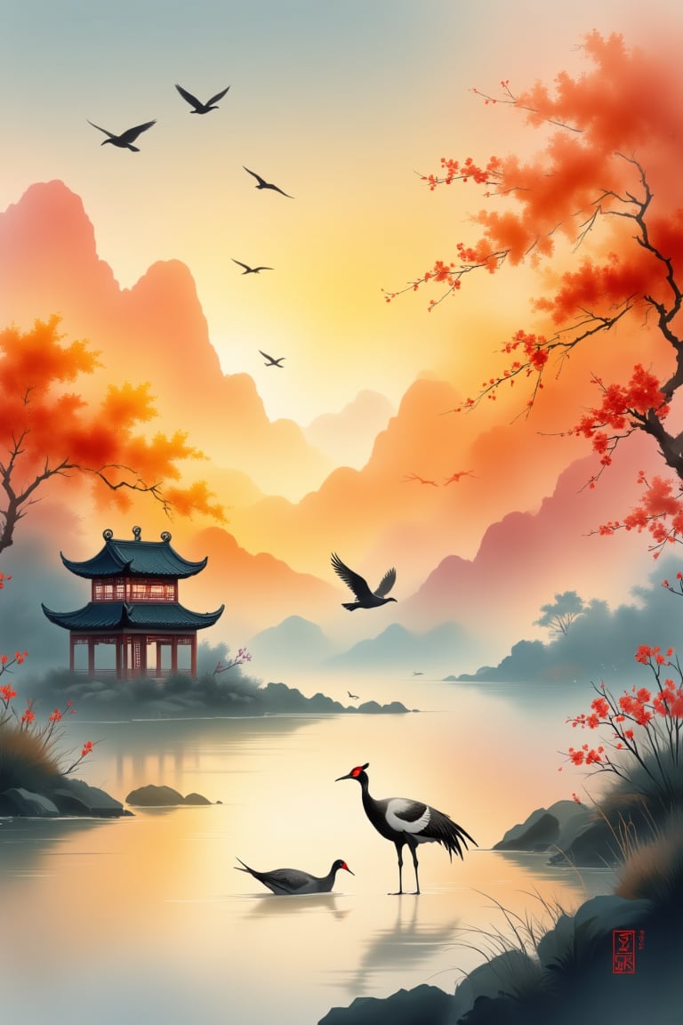 chinese ink drawing,inkThe sunset and the solitary crane fly together,The autumn water is the same for a long time,The beauty of ancient poetry,the setting sun,Wild geese in the sky in the distance,Ancient buildings are scattered