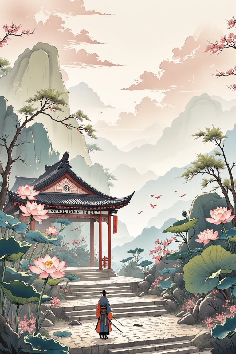 chinese ink drawing, cloud, nature, katana, stairs, outdoors, 1boy, shrine, cherry blossoms, weapon, lotus