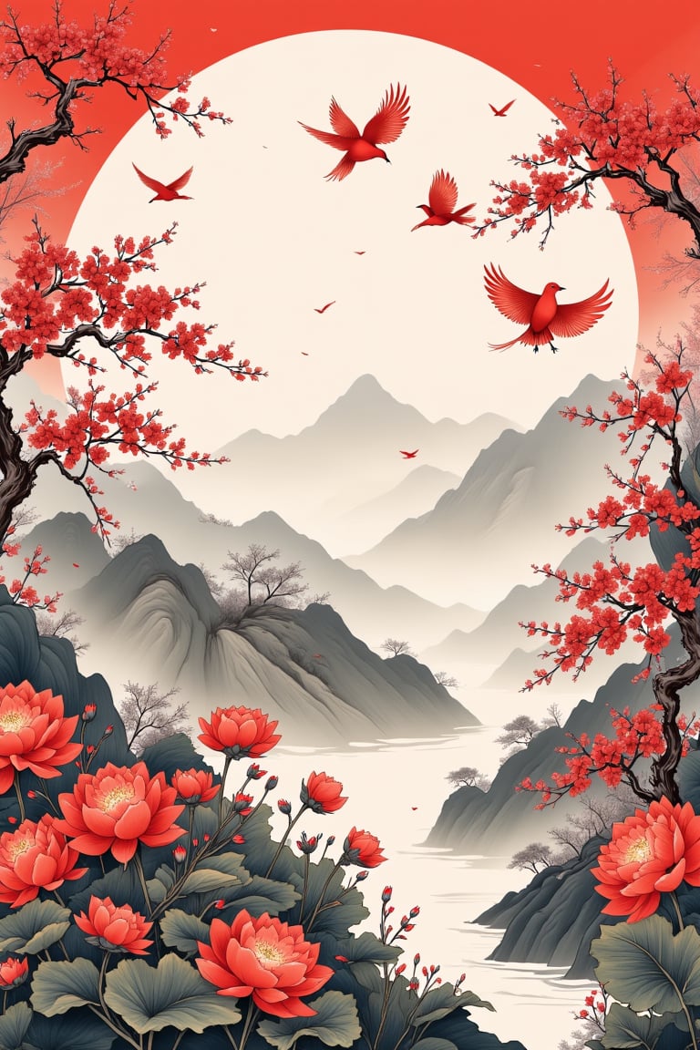 chinese ink drawing,Auspicious clouds,red,Complex and beautiful,Gorgeous,landscape, Flowers and Birds