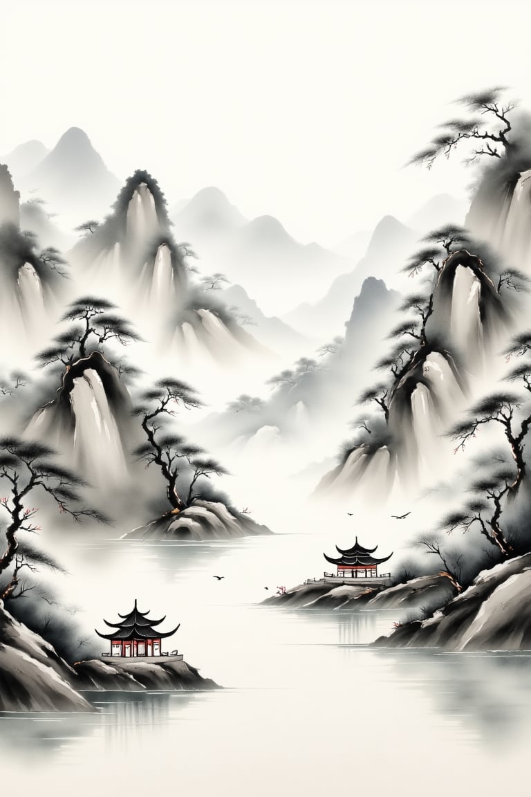 chinese ink drawing,Traditional Chinese painting,Ancient rhyme Jiangnan,Yamakawa,Cypress,Pavilions,Leave white space,elegant