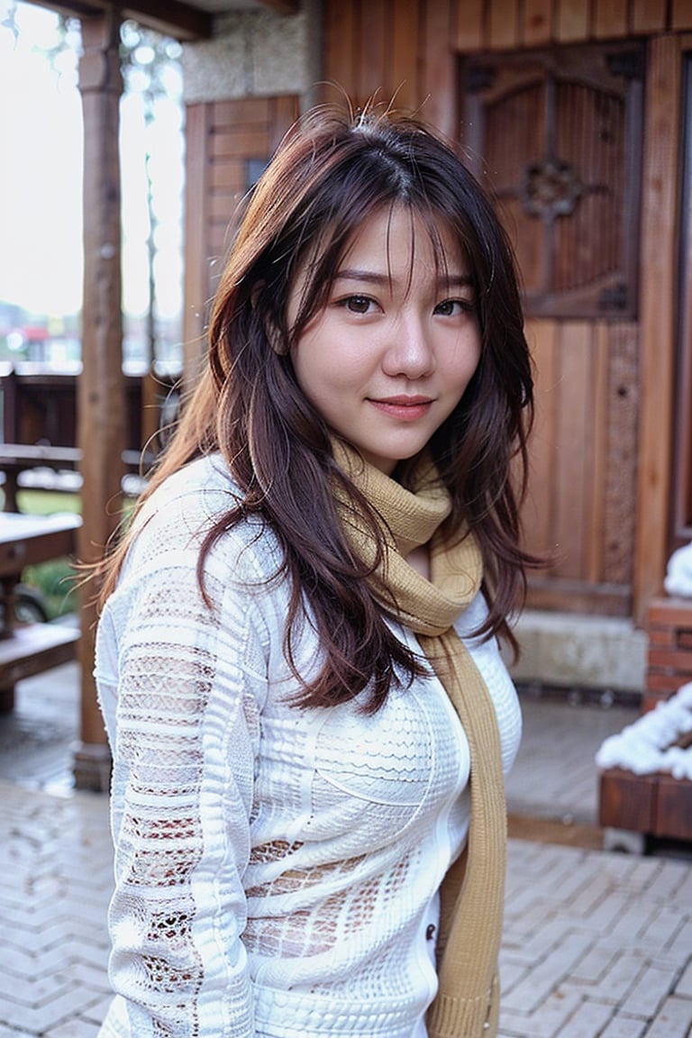 upper body,a young korea woman,cute,21 years old,staring into space,brown hair,brown eyes,red scarf,snowing,realistic,realistic skin texture, smile