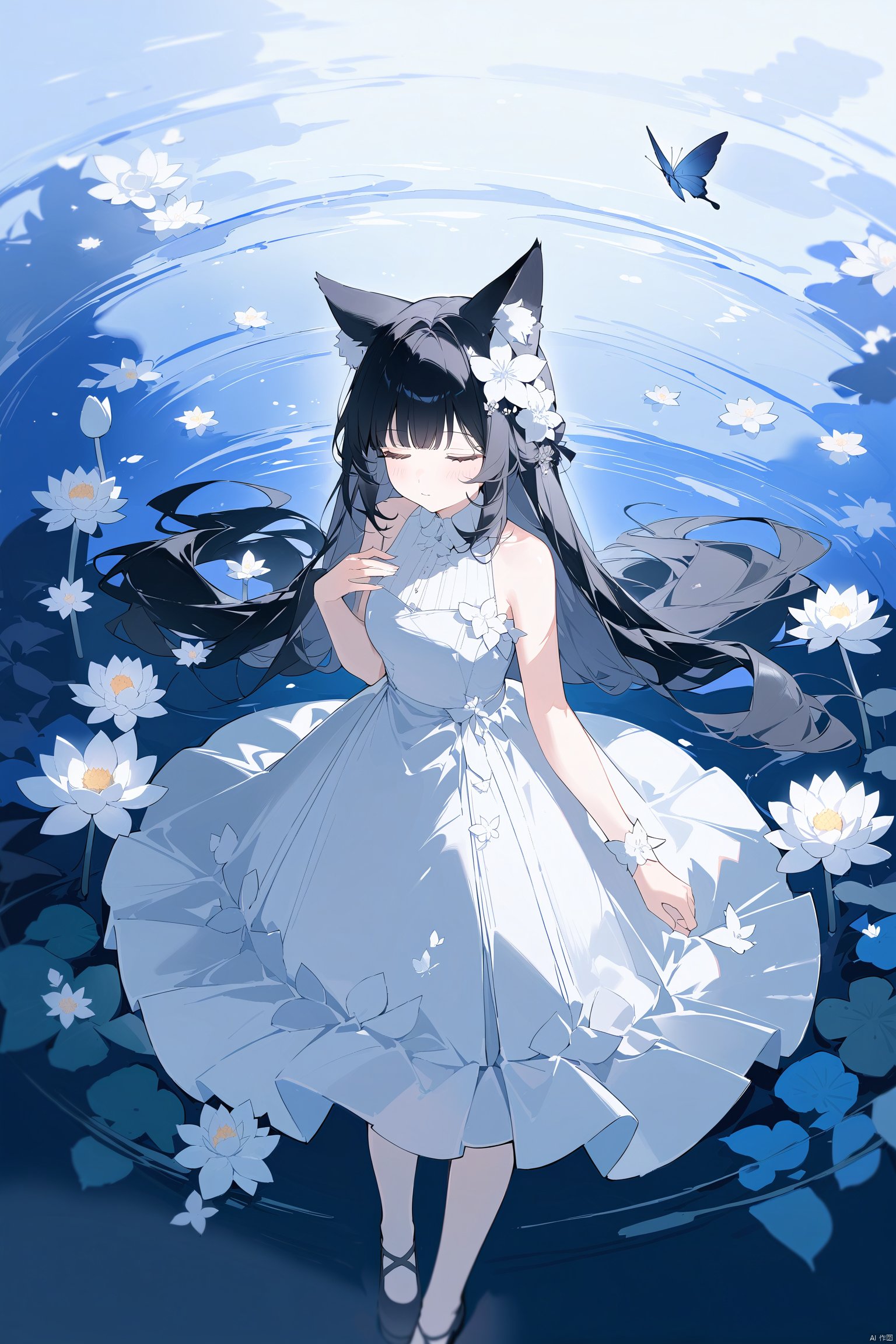 best quality, amazing quality, very aesthetic, absurdres,1girl, solo, black hair, dress, flower, bug, closed eyes, butterfly, lotus, water, bangs, standing, sleeveless, white dress, bare shoulders, letterboxed, long hair, ripples, bare arms, closed mouth, animal ears, sleeveless dress, blurry, lily pad, short hair