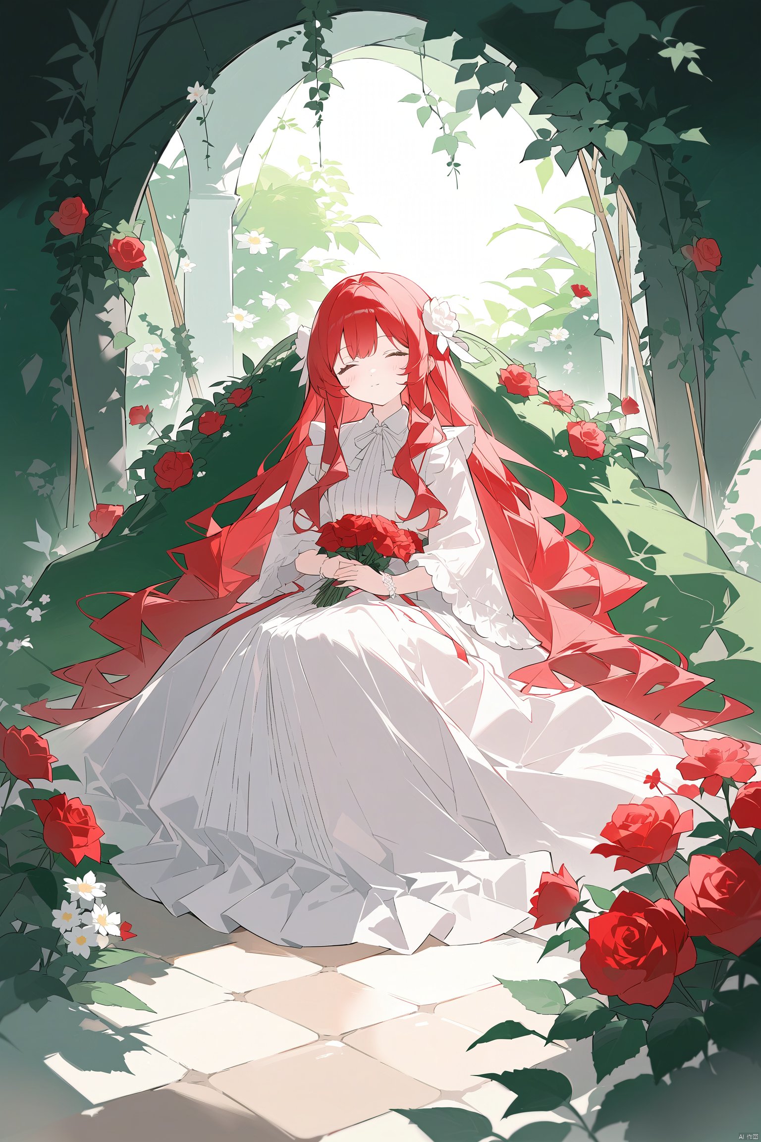 1girl, closed_eyes, dress, flower, leaf, long_hair, plant, red_flower, red_rose, rose, sitting, solo, vase, vines, white_flower, wings