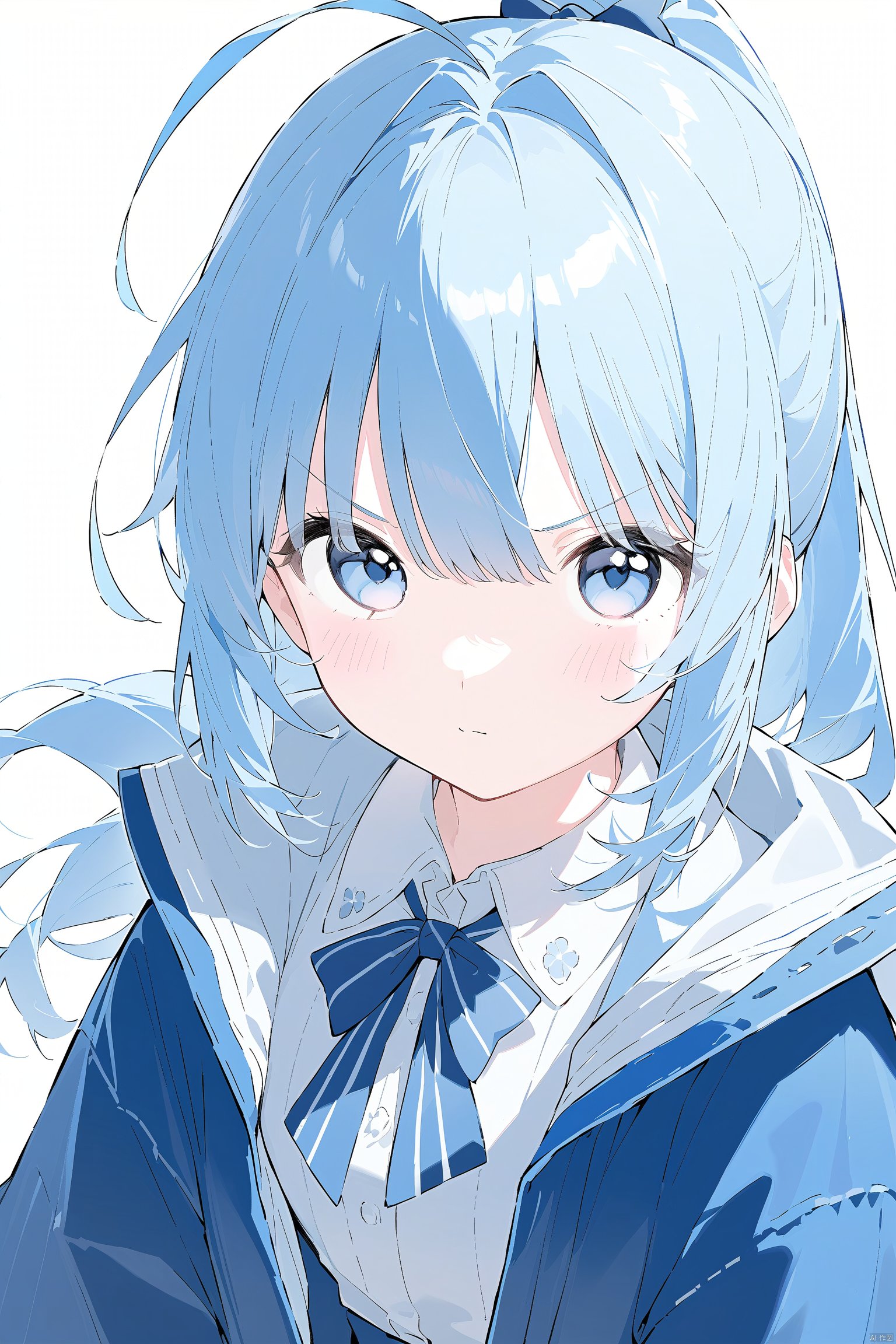 1girl, solo, long hair, looking at viewer, blush, bangs, blue eyes, simple background, shirt, long sleeves, white background, bow, closed mouth, blue hair, jacket, monochrome, upper body, ponytail, ahoge, collared shirt, bowtie, open jacket, v-shaped eyebrows, blue bow, blue jacket, blue theme, hands in pockets