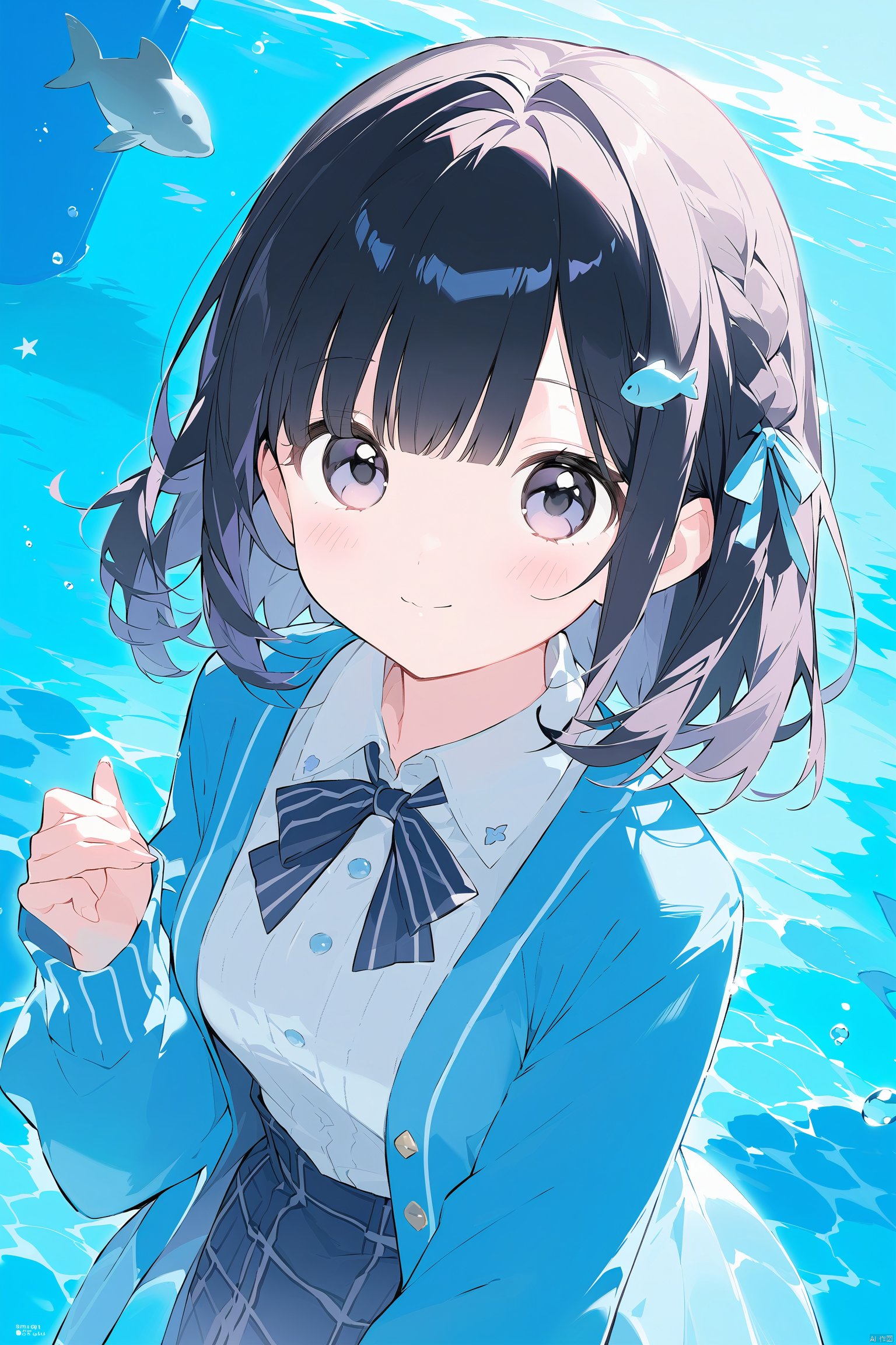 1girl, aquarium, skirt, solo, hair_ornament, looking_at_viewer, bangs, breasts, blush, smile, closed_mouth, shirt, long_sleeves, medium_breasts, blue_cardigan, dutch_angle, buttons, black_hair, blue_eyes, page_number, brown_hair, fish, water, cardigan, short_hair, shiny_hair, ribbon, shiny, open_clothes, braid, multicolored_hair, sleeves_past_wrists, hairclip, jacket, frills, hair_ribbon, white_shirt,