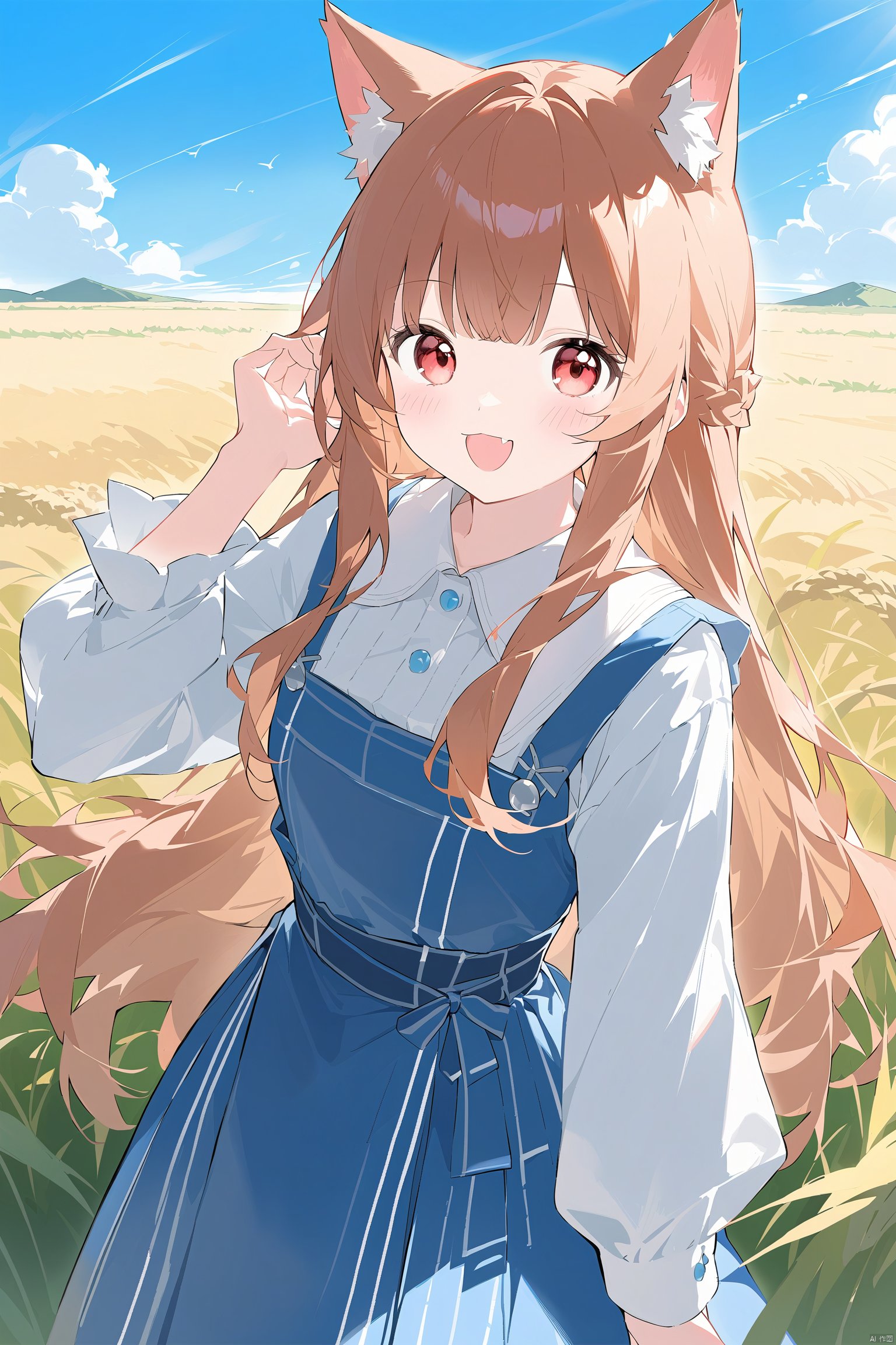 1girl, holo, animal_ears, long_hair, solo, brown_hair, wolf_ears, outdoors, sky, red_eyes, letterboxed, field, wheat, fang, looking_at_viewer, wolf_girl, cloud, day, smile, hand_in_own_hair, vest, blue_sky, shirt, blush, pouch