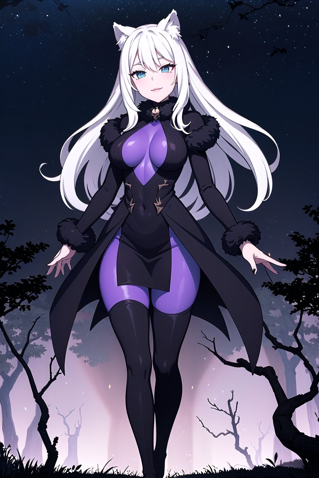 In a masterfully crafted photorealistic 4K image, a stunning grey wolf girl stands amidst a cursed and evil forest. Her piercing heterochromatic eyes seem to bore into the soul as she gazes out at the viewer. Her long white hair cascades down her back like a river of snow, with a wolf tail swishing behind her. A fur collar adorns her neck, complemented by a pair of long sleeves and a skirt that falls just above the knees. Thigh-highs add a touch of elegance to her overall aesthetic.

Her skin glows with an otherworldly light, illuminated by the dark persona that surrounds her. The forest itself is a testament to corruption, with dead trees and trunks stretching towards the night sky like skeletal fingers. Crows perch on branches, their beady eyes watching the viewer with malevolent intent. In the distance, mysterious plants and rocks seem to writhe in agony, as if tormented by some unseen force. The overall atmosphere is one of foreboding and dread, as if the very darkness itself is alive and malevolent.

the character is an evil girl smiles evilly intensely, her lips are painted purple, the character has long hair, very long hair, the 
