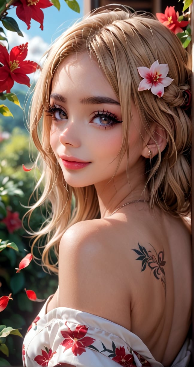 score_9, score_8_up, score_7_up, 1girl, floral kimono, exposed shoulders, from side, beautiful face, thick eyelashes, glossy eyes, blonde hair long hair, cute smile, dark eyeshadow, shoulders tattoos, back tattoos, floral decoration in hair, sakura petals, beautifully backlit, wideshot, tsukuyomi