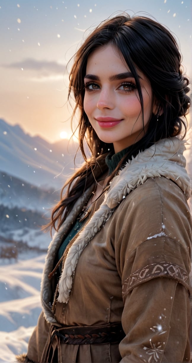 score_9, score_8_up, score_7_up, (1girl:1.2), tribal, snowing, warm clothes, in a field, desolate, woman, snow, thick and warm fur-trimmed clothes, fur-trimmed hood, fur-trimmed gloves, black hair, long hair, Ciri, smile, ice field, golden sun, realistic, snowing