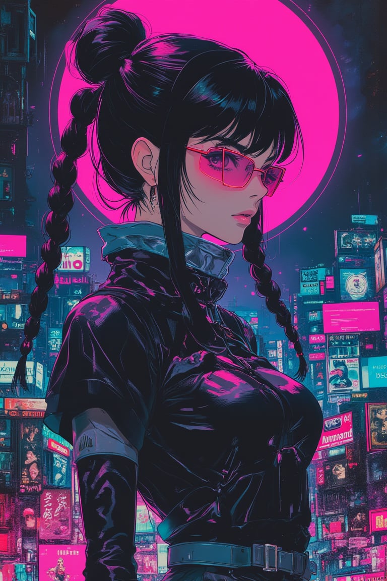 futurediff, futuremadness,cyborg, robot, Vintage Anime Scene, (cyberpunk girl like a samurai in the style of Conrad Roset, Nicola Samori), ultra realistic, (arbitrarily beautiful:1.4), full body, sexy female, (shiny black hair, long braids, neon glasses),jisosmile