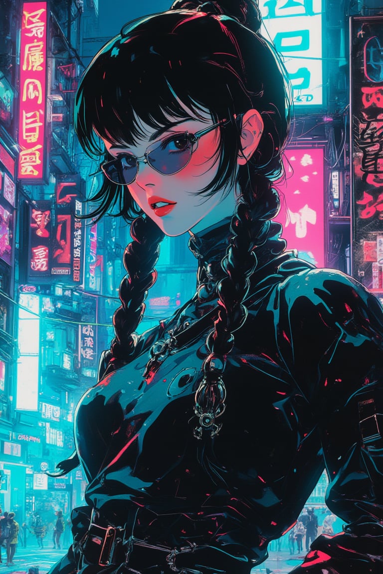 futurediff, futuremadness,cyborg, robot, Vintage Anime Scene, (cyberpunk girl like a samurai in the style of Conrad Roset, Nicola Samori), ultra realistic, (arbitrarily beautiful:1.4), full body, sexy female, (shiny black hair, long braids, neon glasses),jisosmile