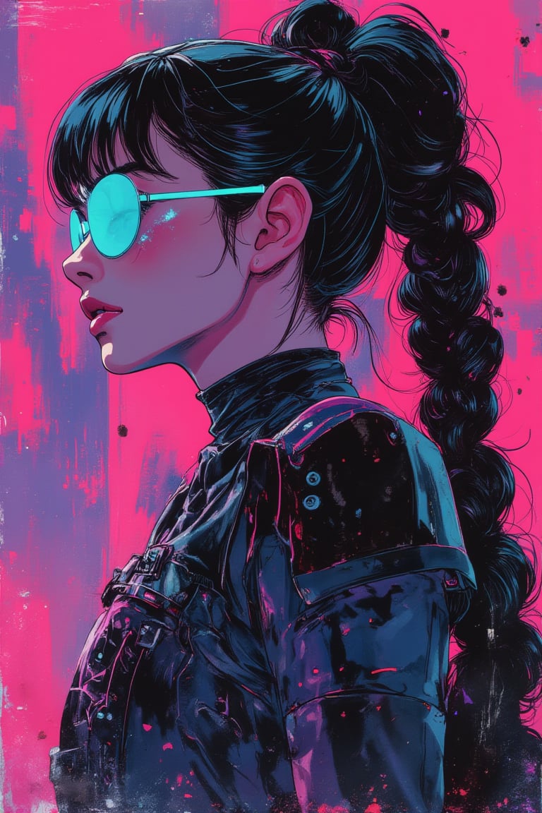 futurediff, futuremadness,cyborg, robot, Vintage Anime Scene, (cyberpunk girl like a samurai in the style of Conrad Roset, Nicola Samori), ultra realistic, (arbitrarily beautiful:1.4), full body, sexy female, (shiny black hair, long braids, neon glasses),jisosmile