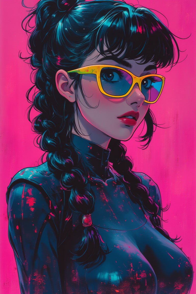 futurediff, futuremadness,cyborg, robot, Vintage Anime Scene, (cyberpunk girl like a samurai in the style of Conrad Roset, Nicola Samori), ultra realistic, (arbitrarily beautiful:1.4), full body, sexy female, (shiny black hair, long braids, neon glasses),jisosmile