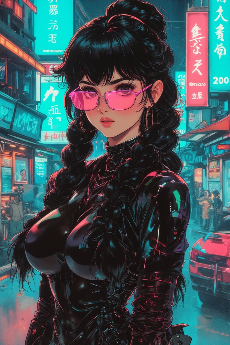 futurediff, futuremadness,cyborg, robot, Vintage Anime Scene, (cyberpunk girl like a samurai in the style of Conrad Roset, Nicola Samori), ultra realistic, (arbitrarily beautiful:1.4), full body, sexy female, (shiny black hair, long braids, neon glasses),jisosmile