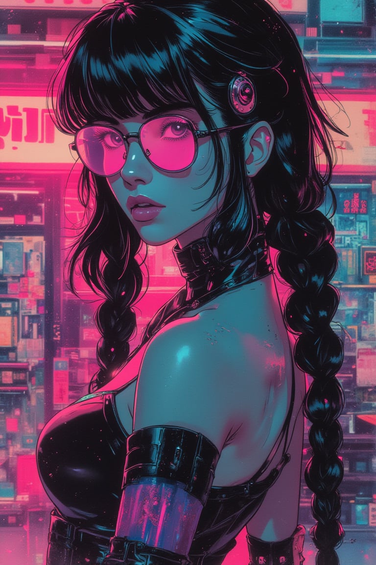 futurediff, futuremadness,cyborg, robot, Vintage Anime Scene, (cyberpunk girl like a samurai in the style of Conrad Roset, Nicola Samori), ultra realistic, (arbitrarily beautiful:1.4), full body, sexy female, (shiny black hair, long braids, neon glasses),jisosmile