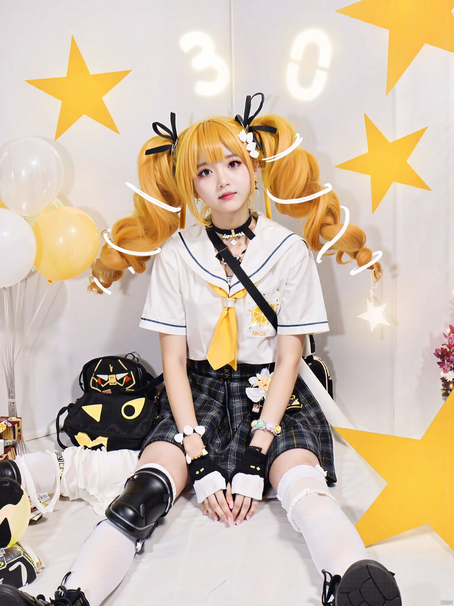 AKJK,1girl, solo, long hair, looking at viewer, bangs, skirt, blonde hair, shirt, hair ornament, thighhighs, gloves, ribbon, twintails, jewelry, sitting, closed mouth, school uniform, full body, hair ribbon, white shirt, short sleeves, boots, necktie, choker, black gloves, socks, fingerless gloves, black skirt, sailor collar, bag, star \(symbol\), black footwear, bracelet, white thighhighs, plaid, black choker, plaid skirt, drill hair, white socks, knee pads, balloon, yellow necktie