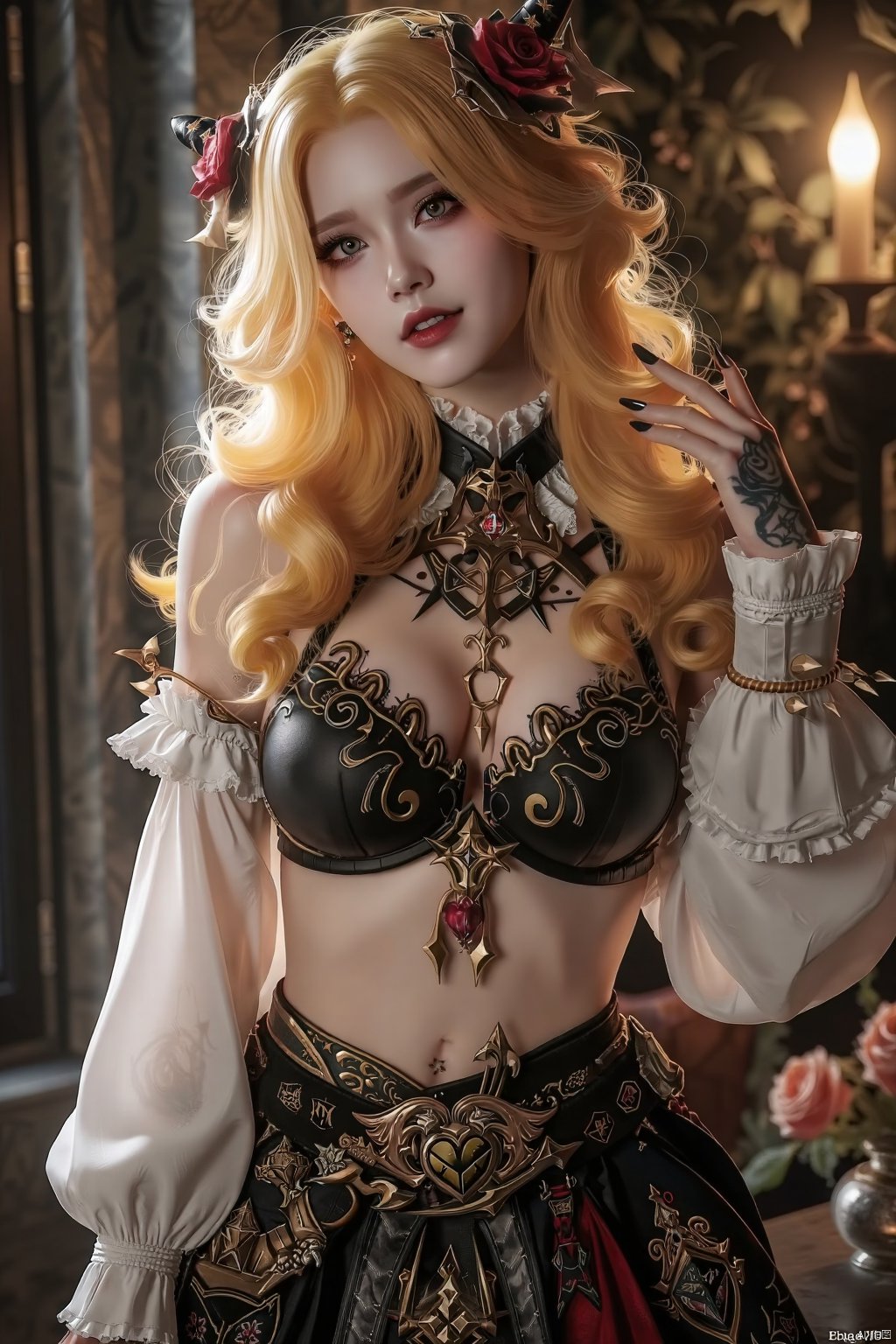 A woman, delicate face，Delicate fingers, blond, exaggerated curls, long hair, exaggerated cleavage, exaggerated breasts, game effects, game style, mage decorations,JK Skirts, tattoos