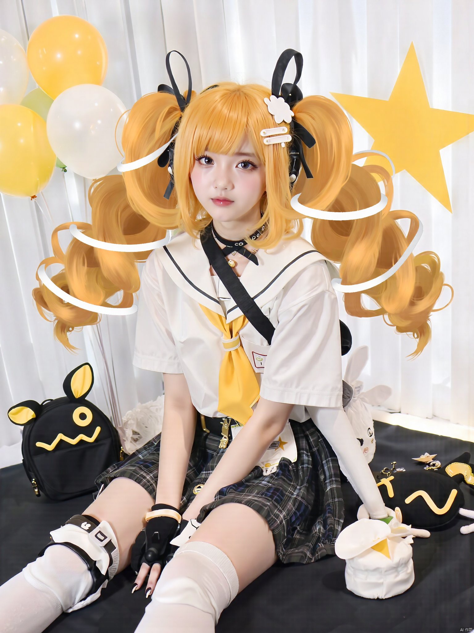 AKJK,1girl, solo, long hair, looking at viewer, bangs, skirt, blonde hair, shirt, hair ornament, thighhighs, gloves, ribbon, twintails, jewelry, sitting, closed mouth, school uniform, full body, hair ribbon, white shirt, short sleeves, boots, necktie, choker, black gloves, socks, fingerless gloves, black skirt, sailor collar, bag, star \(symbol\), black footwear, bracelet, white thighhighs, plaid, black choker, plaid skirt, drill hair, white socks, knee pads, balloon, yellow necktie