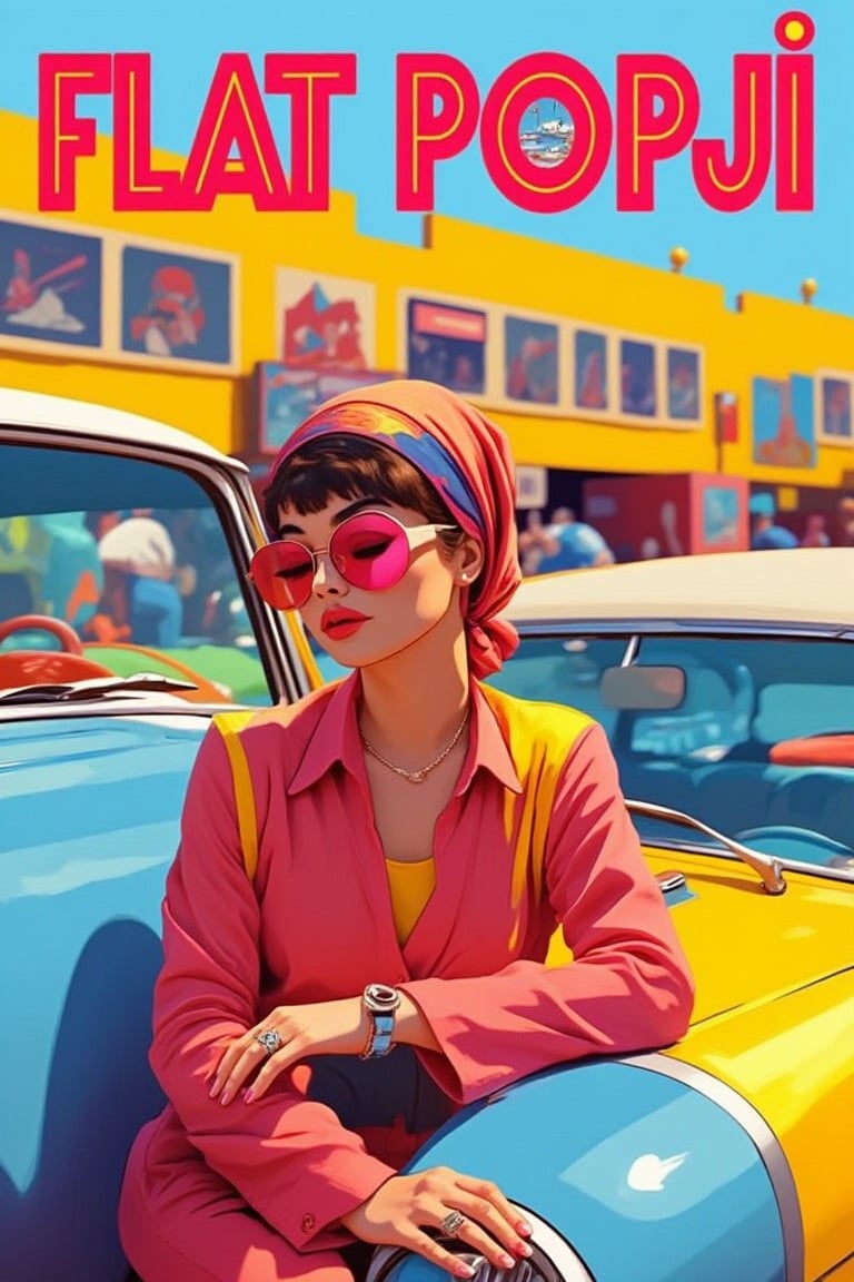 A close-up of a pinup model leaning on a classic car at a retro car show. Her outfit is bright and eye-catching, with a headscarf, retro sunglasses, and bold makeup. The shiny, colorful cars and the bustling background add to the vibrant atmosphere., "FLAT_POPJI" tittle in 3d letters on top ,  high contrast, Flat-Popji