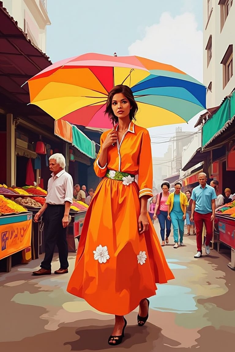 A vibrant  portrait of a young woman wears a bright orange dress with white flowers, amidst a bustling street scene: vendors selling exotic fruits and spices, people rushing to and fro. She stands out in the midst of the chaos, her dress radiating warmth and joy, as she confidently holds a colorful umbrella, contrasting with the grey sky above.,Flat-Popji