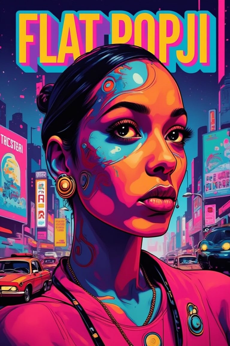 A vibrant close-up of a pinup model showcasing cybernetic enhancements like glowing tattoos, augmented eyes, and high-tech accessories. She’s posed against a cityscape with holographic ads and bustling futuristic traffic., "FLAT_POPJI" tittle in bold 3D letters on top ,  high contrast, Flat-Popji