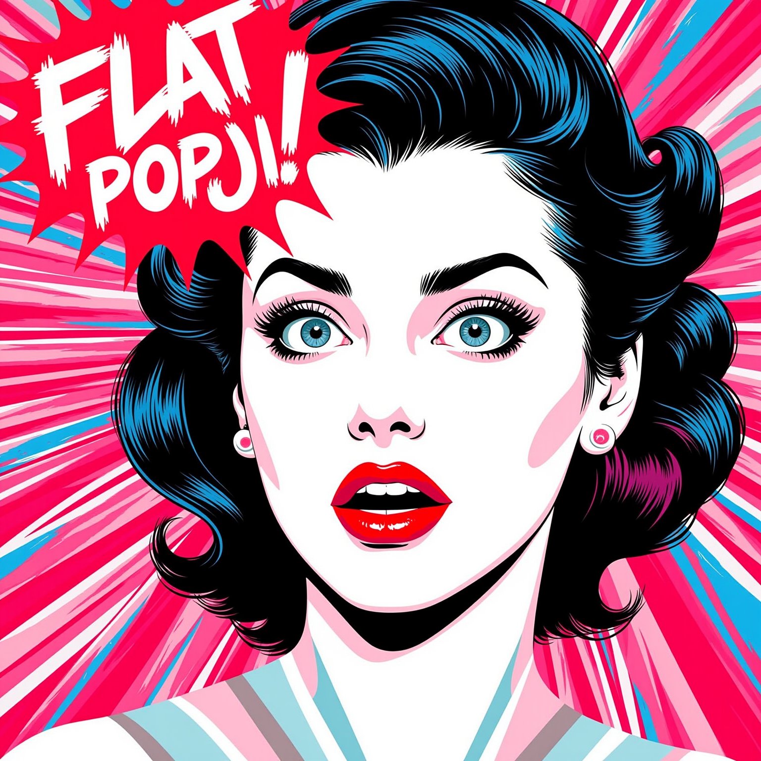 A sultry pinup girl's expression suddenly shifts from sweet to shocked as she exclaims 'Flat Popji!' amidst a kaleidoscope of bold, flat colors. Bright red and blue hues burst forth, surrounding her in a creative explosion. Her striking features - bright red lips and dark hair - pop against the vibrant background, as bold lines define the illustration's playful, pop art-inspired aesthetic.