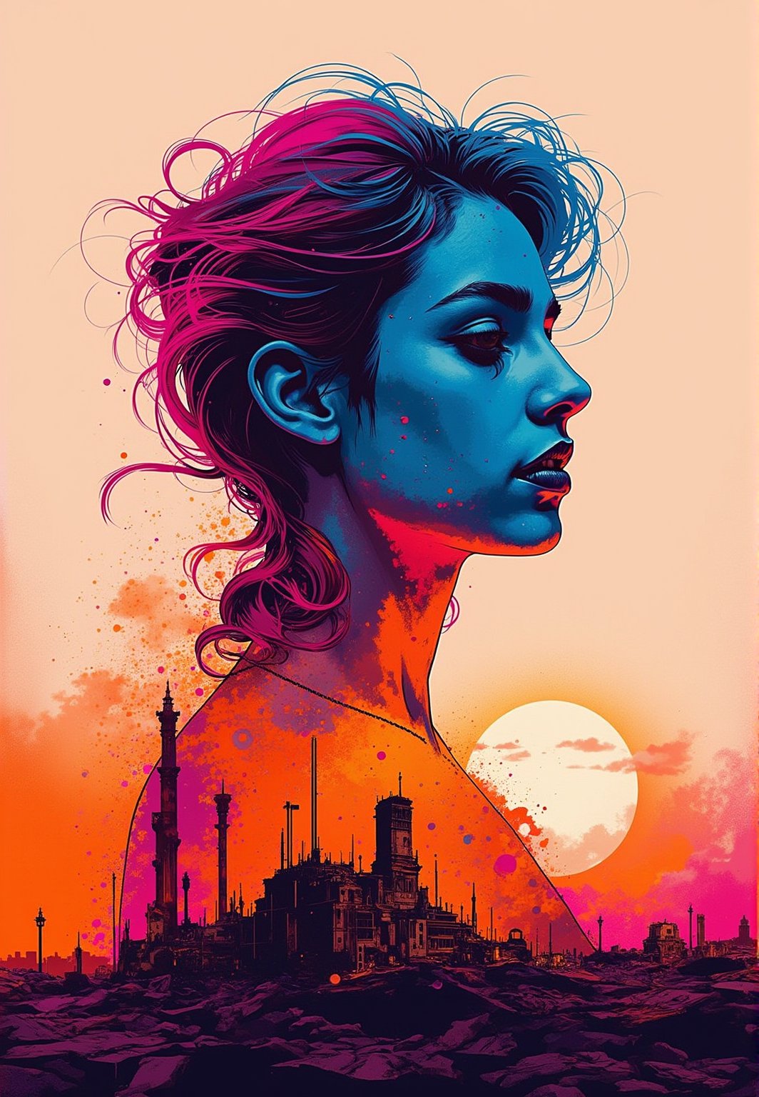 A haunting double exposure portrait of a person's profile superimposed upon the ruins of a post-apocalyptic cityscape at sunset. The city's crumbling spires and twisted metal debris blend seamlessly into the contours of the face, its vibrant colors bleeding into the soft features. Ink-like lines define the subject's silhouette as it rises from the cracked earth, while acrylic textures evoke a sense of worn, aged paper. In the background, a mystical, luminous haze glows with an otherworldly intensity, as if the very fabric of reality is torn asunder to reveal the dreamlike city beneath.