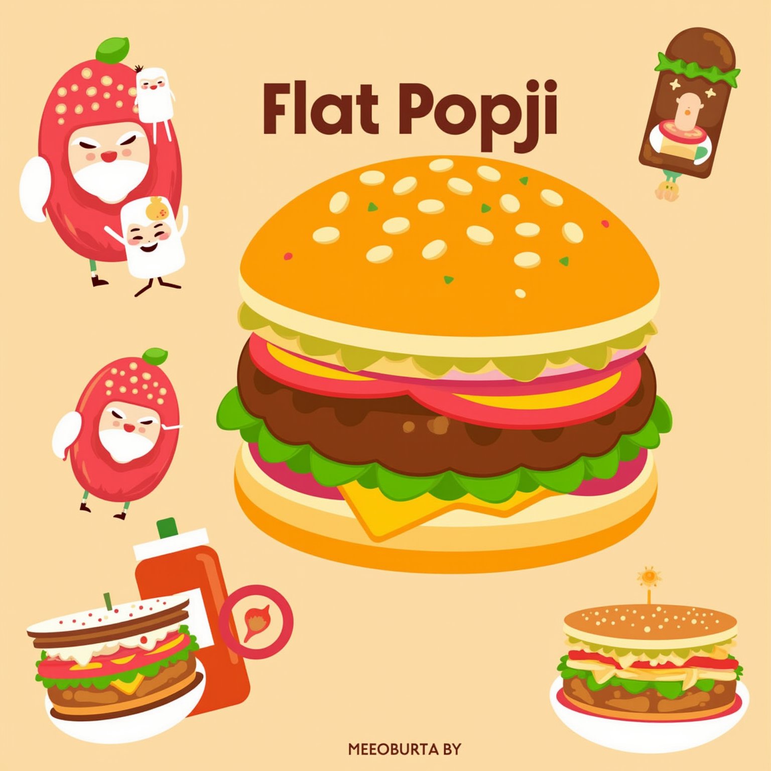 Design a food-themed poster with a giant, stylized burger. Use flat colors for each layer - bun, patty, cheese, lettuce. Include 'Flat Popji' as if it's the restaurant name above the burger., Flat-Popji