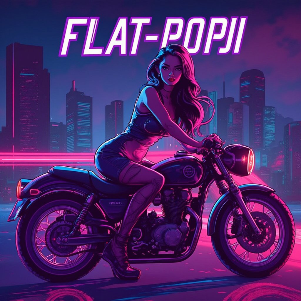 A dynamic close-up of a pinup model posing on a sleek, futuristic motorcycle with neon lights. She’s dressed in a high-contrast, form-fitting outfit with glowing lines, and the background is a cityscape full of towering skyscrapers and holograms., "FLAT_POPJI" tittle in 3d letters on top ,  high contrast, Flat-Popji