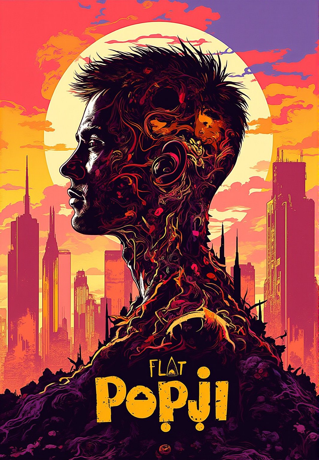 A haunting double exposure vector art of a person's profile superimposed upon the ruins of a post-apocalyptic cityscape at sunset withthe title "Flat Popji" written in bold text at bottom center. The city's crumbling spires and twisted metal debris blend seamlessly into the contours of the face, its vibrant colors bleeding into the soft features. Ink-like lines define the subject's silhouette as it rises from the cracked earth, while acrylic textures evoke a sense of worn, aged paper. In the background, a mystical, luminous haze glows with an otherworldly intensity, as if the very fabric of reality is torn asunder to reveal the dreamlike city beneath, Flat-Popji