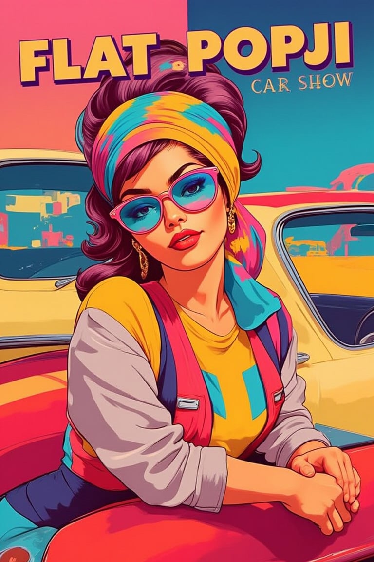 A close-up of a pinup model leaning on a classic car at a retro car show. Her outfit is bright and eye-catching, with a headscarf, retro sunglasses, and bold makeup. The shiny, colorful cars and the bustling background add to the vibrant atmosphere., "FLAT_POPJI" tittle in 3d letters on top ,  high contrast, Flat-Popji