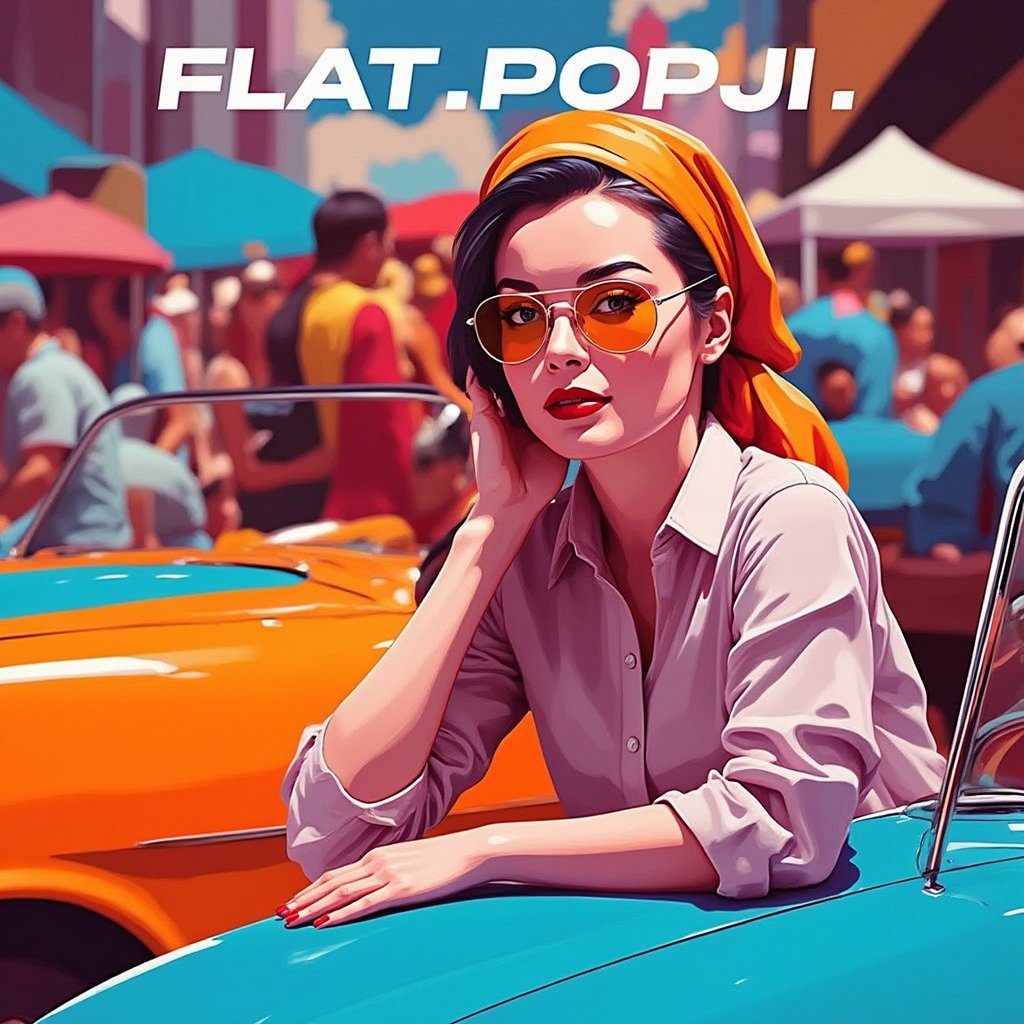 A close-up of a pinup model leaning on a classic car at a retro car show. Her outfit is bright and eye-catching, with a headscarf, retro sunglasses, and bold makeup. The shiny, colorful cars and the bustling background add to the vibrant atmosphere., "FLAT_POPJI" tittle in 3d letters on top ,  high contrast, Flat-Popji